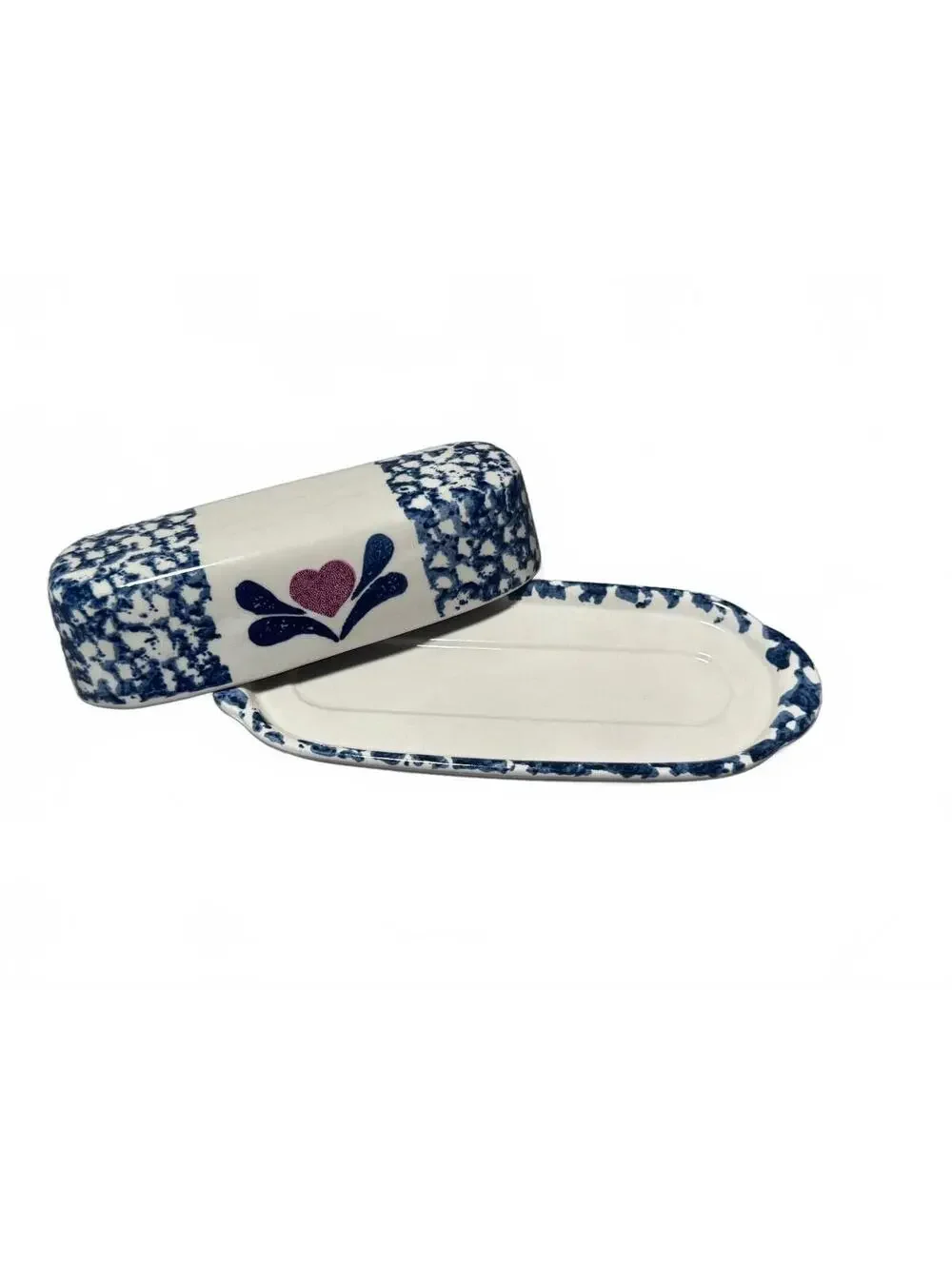 Vintage Blue Spongeware Red Heart Pottery Butter Dish w/ Lid Farmhouse Stoneware